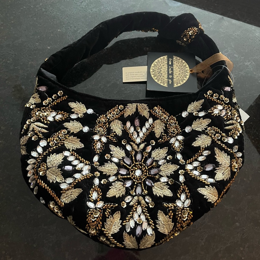Embroidered Black and Gold Beaded Bag